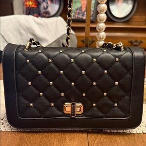 Badgley Mischka Black Quilted Studded Shoulder Bag with Chain Strap